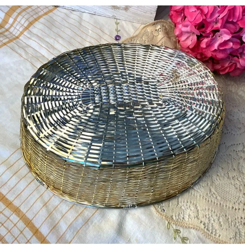 Vintage Silver Plated Metal Basket; oval serving basket MCM